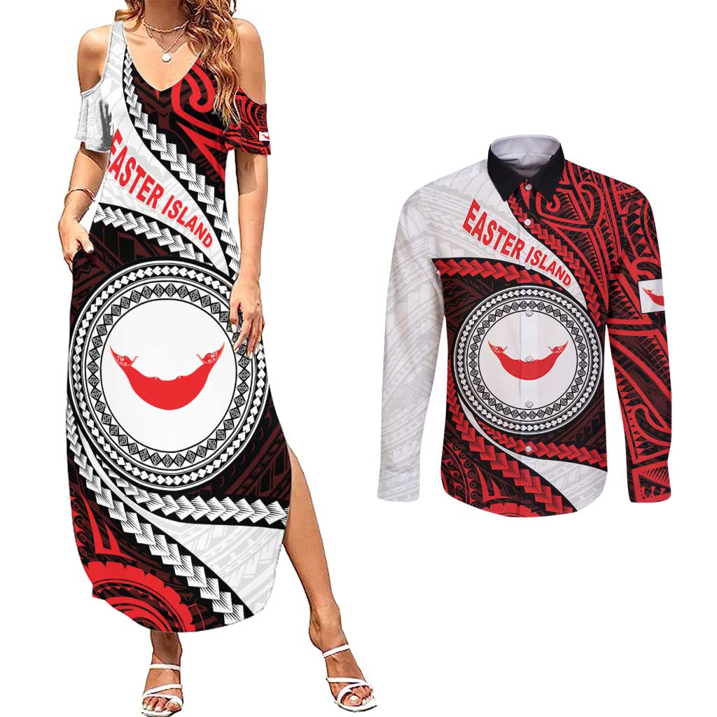 Easter Island Couples Matching Summer Maxi Dress and Long Sleeve Button Shirt Moai Statues Polynesian Style