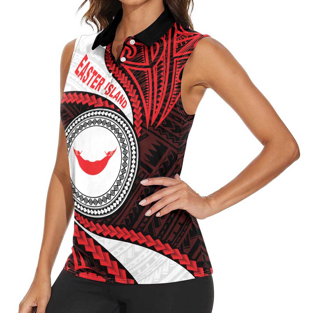 Easter Island Women Sleeveless Polo Shirt Moai Statues Polynesian Style