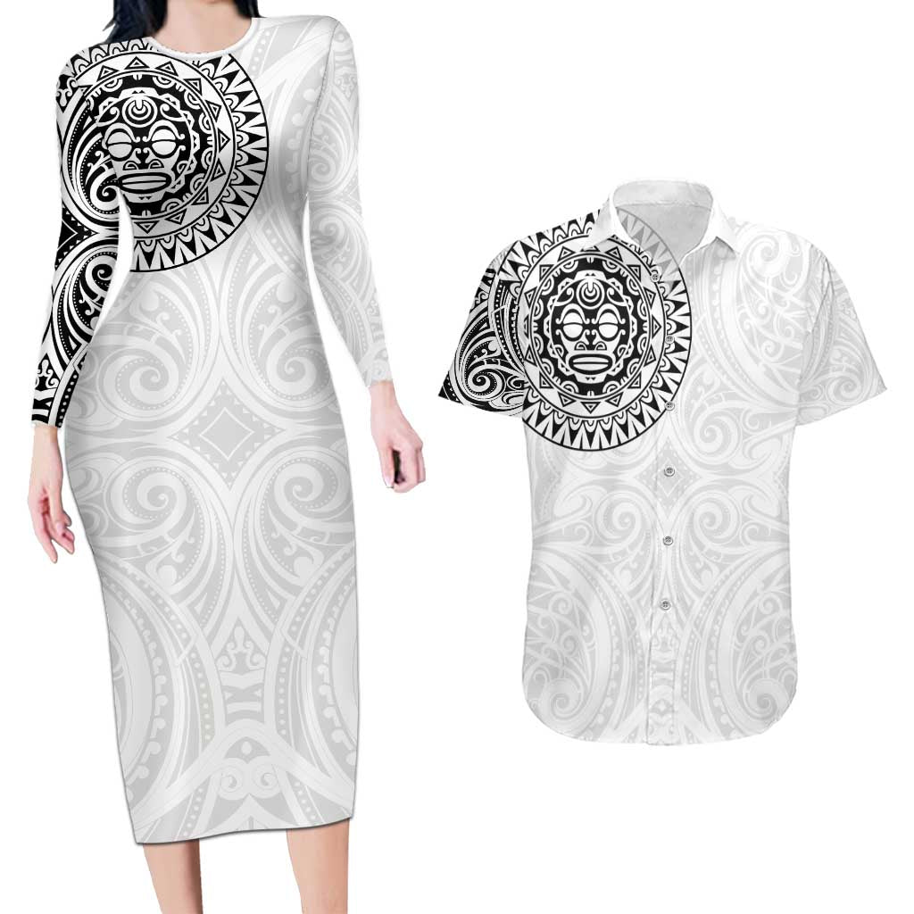 New Zealand Aotearoa Couples Matching Long Sleeve Bodycon Dress and Hawaiian Shirt Maori Te Mata O Rongokako LT05 White - Polynesian Pride