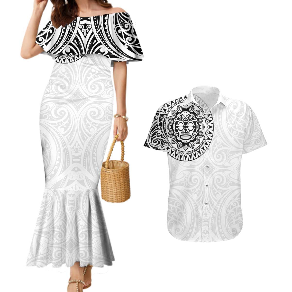 New Zealand Aotearoa Couples Matching Mermaid Dress and Hawaiian Shirt Maori Te Mata O Rongokako LT05 White - Polynesian Pride