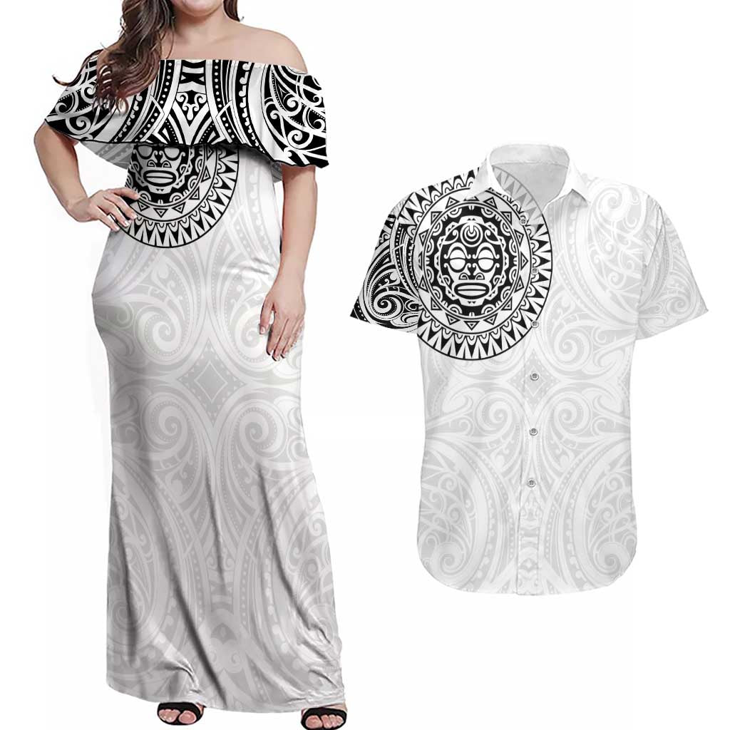 New Zealand Aotearoa Couples Matching Off Shoulder Maxi Dress and Hawaiian Shirt Maori Te Mata O Rongokako LT05 White - Polynesian Pride