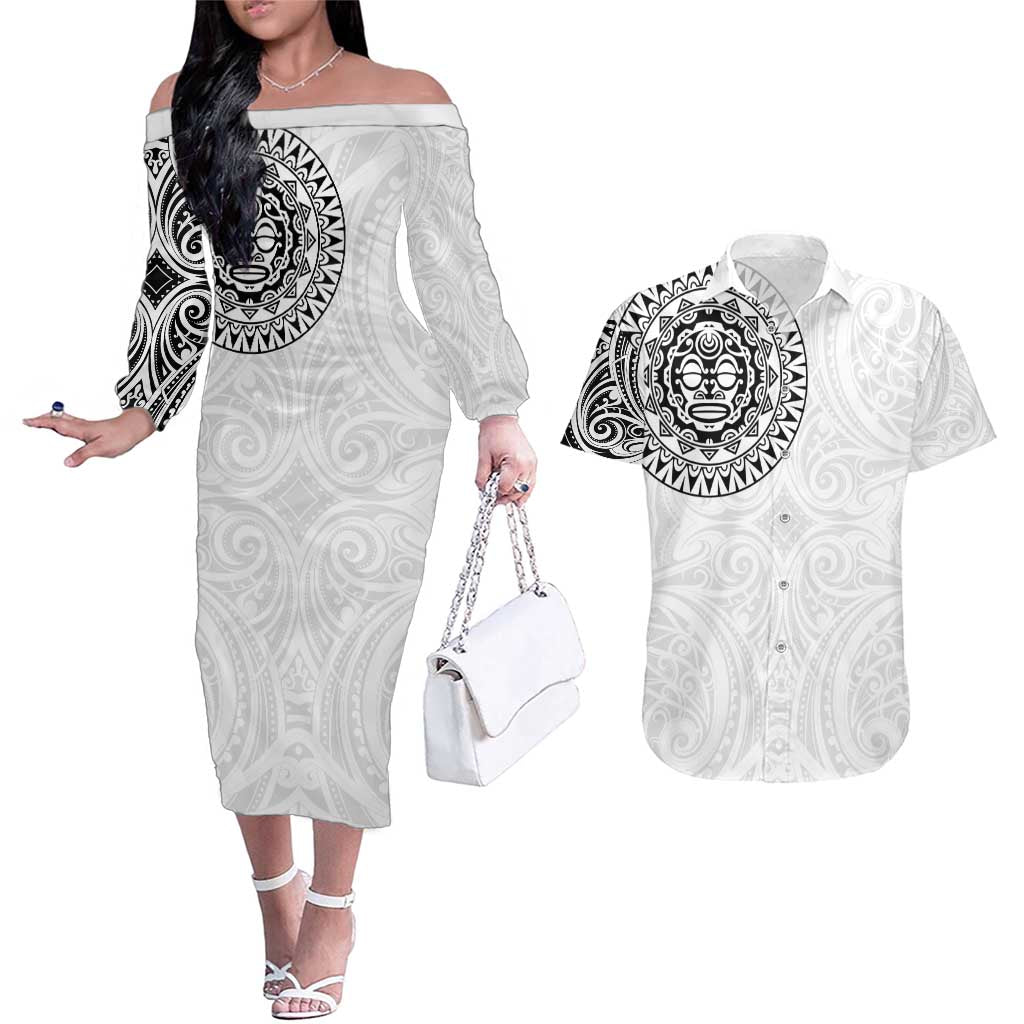 New Zealand Aotearoa Couples Matching Off The Shoulder Long Sleeve Dress and Hawaiian Shirt Maori Te Mata O Rongokako LT05 White - Polynesian Pride