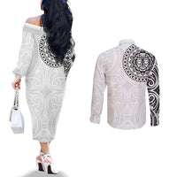 New Zealand Aotearoa Couples Matching Off The Shoulder Long Sleeve Dress and Long Sleeve Button Shirt Maori Te Mata O Rongokako LT05 - Polynesian Pride