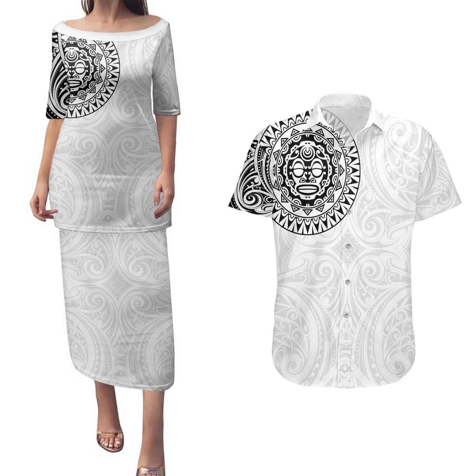 New Zealand Aotearoa Couples Matching Puletasi and Hawaiian Shirt Maori Te Mata O Rongokako LT05 White - Polynesian Pride