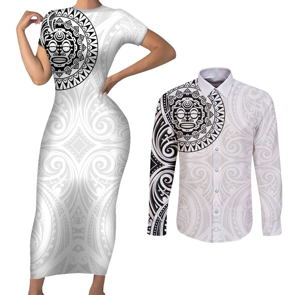 New Zealand Aotearoa Couples Matching Short Sleeve Bodycon Dress and Long Sleeve Button Shirt Maori Te Mata O Rongokako LT05 White - Polynesian Pride