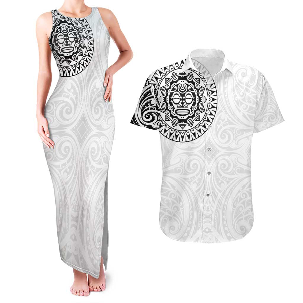 New Zealand Aotearoa Couples Matching Tank Maxi Dress and Hawaiian Shirt Maori Te Mata O Rongokako LT05 White - Polynesian Pride
