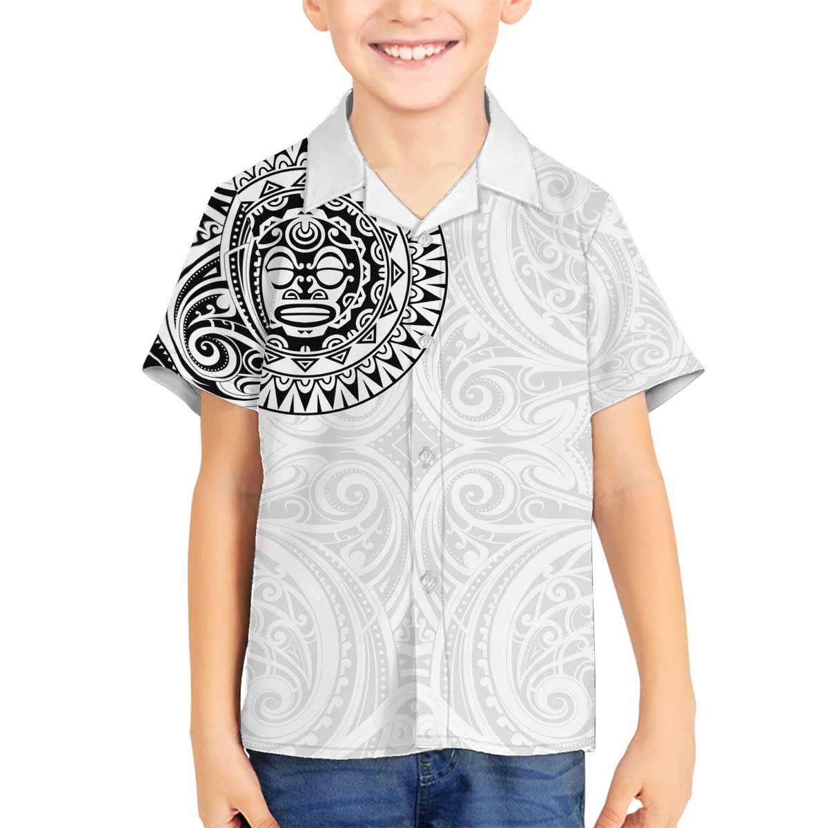 New Zealand Aotearoa Family Matching Off The Shoulder Long Sleeve Dress and Hawaiian Shirt Maori Te Mata O Rongokako LT05 Son's Shirt White - Polynesian Pride