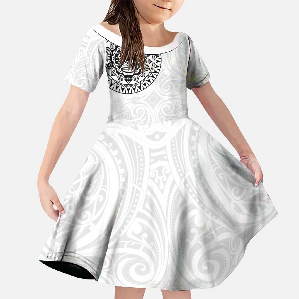 New Zealand Aotearoa Family Matching Off Shoulder Maxi Dress and Hawaiian Shirt Maori Te Mata O Rongokako LT05 Daughter's Dress White - Polynesian Pride