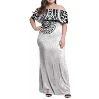 New Zealand Aotearoa Family Matching Off Shoulder Maxi Dress and Hawaiian Shirt Maori Te Mata O Rongokako LT05 Mom's Dress White - Polynesian Pride