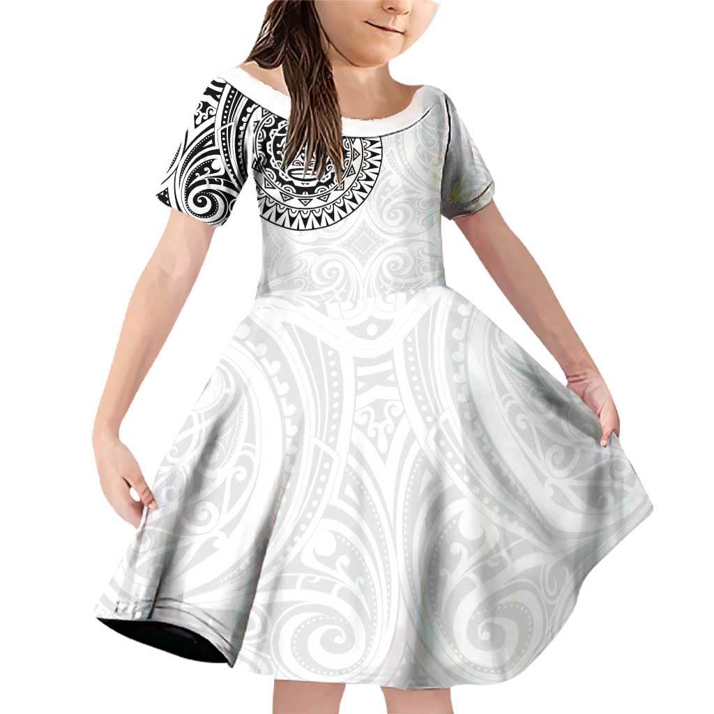 New Zealand Aotearoa Family Matching Off Shoulder Short Dress and Hawaiian Shirt Maori Te Mata O Rongokako LT05 Daughter's Dress White - Polynesian Pride