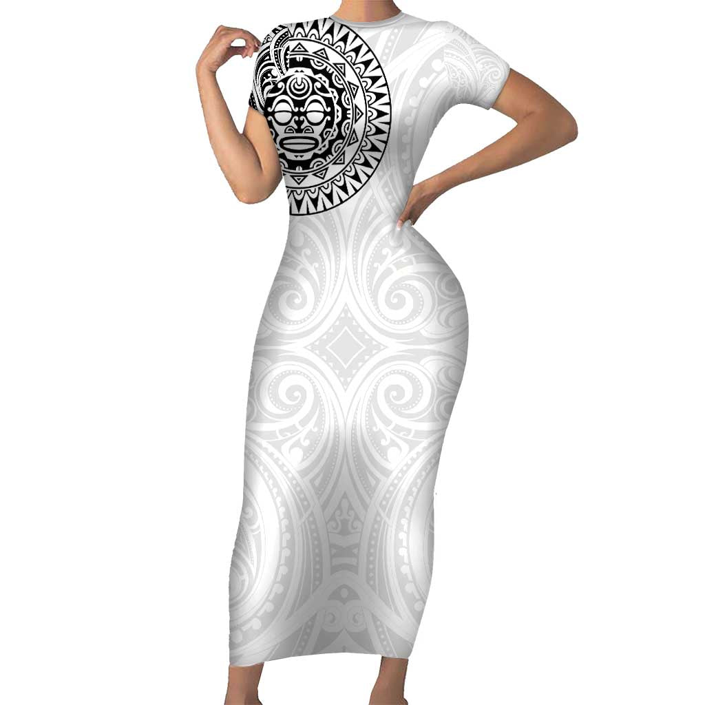New Zealand Aotearoa Short Sleeve Bodycon Dress Maori Te Mata O Rongokako LT05 Long Dress White - Polynesian Pride