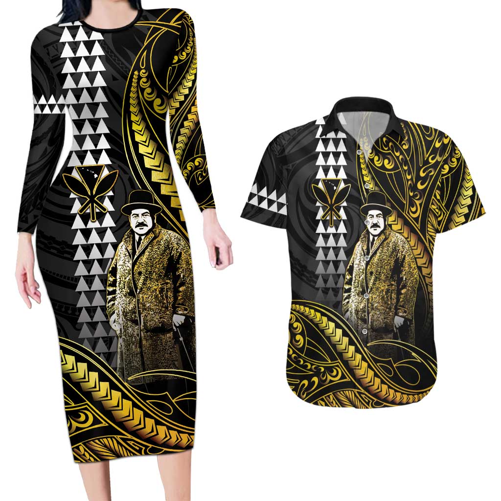 Hawaii Kuhio The Citizen Prince Couples Matching Long Sleeve Bodycon Dress and Hawaiian Shirt Gold Polynesian Tribal Tattoo LT05 Gold - Polynesian Pride