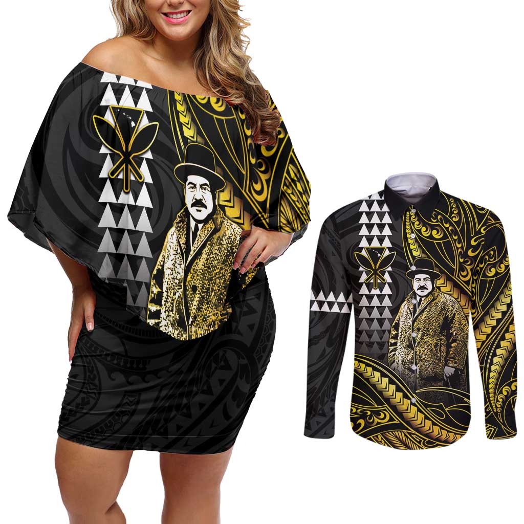 Hawaii Kuhio The Citizen Prince Couples Matching Off Shoulder Short Dress and Long Sleeve Button Shirt Gold Polynesian Tribal Tattoo