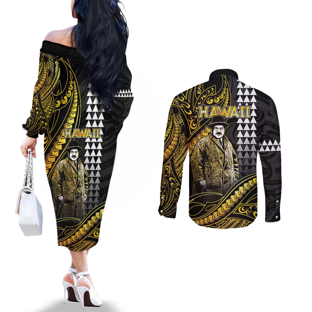 Hawaii Kuhio The Citizen Prince Couples Matching Off The Shoulder Long Sleeve Dress and Long Sleeve Button Shirt Gold Polynesian Tribal Tattoo LT05 - Polynesian Pride