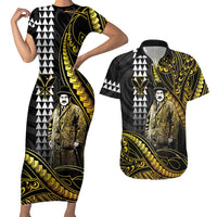 Hawaii Kuhio The Citizen Prince Couples Matching Short Sleeve Bodycon Dress and Hawaiian Shirt Gold Polynesian Tribal Tattoo LT05 Gold - Polynesian Pride