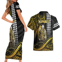 Hawaii Kuhio The Citizen Prince Couples Matching Short Sleeve Bodycon Dress and Hawaiian Shirt Gold Polynesian Tribal Tattoo LT05 - Polynesian Pride