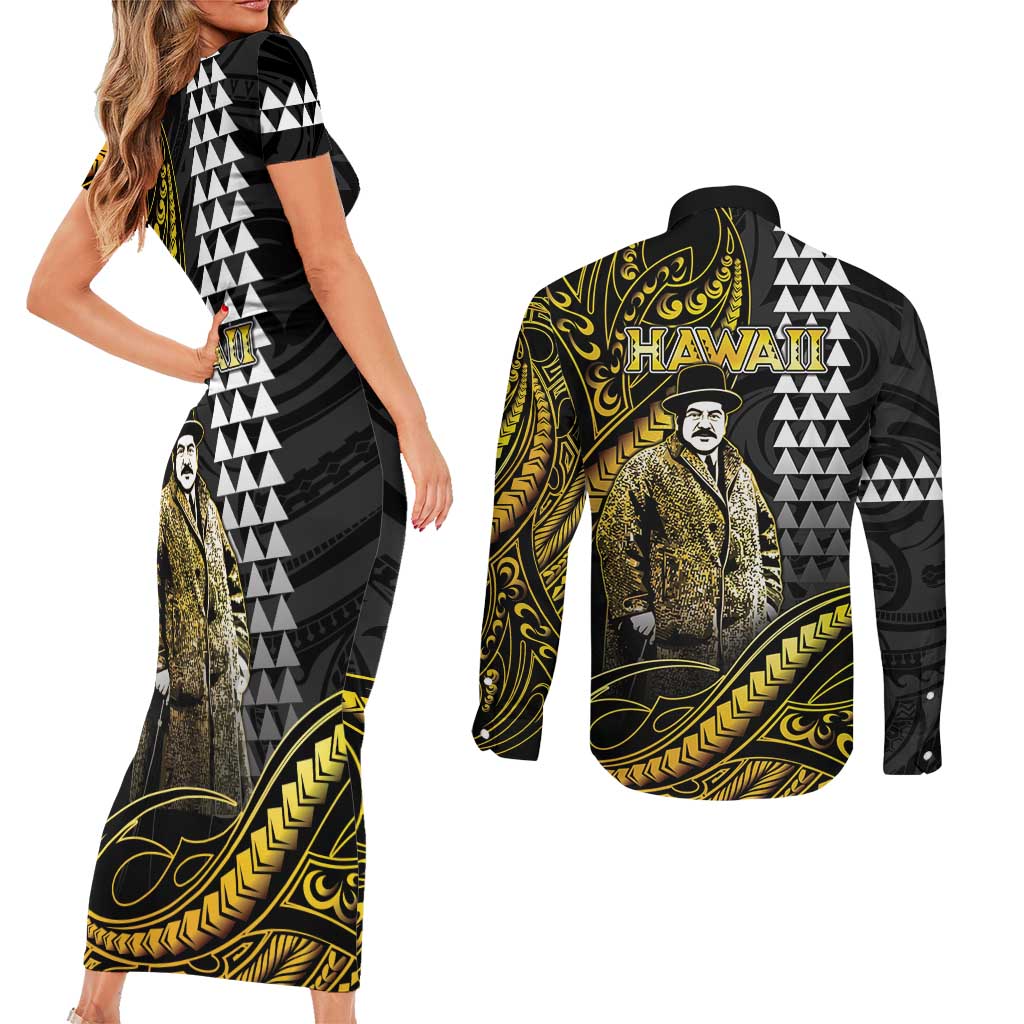 Hawaii Kuhio The Citizen Prince Couples Matching Short Sleeve Bodycon Dress and Long Sleeve Button Shirt Gold Polynesian Tribal Tattoo LT05 - Polynesian Pride