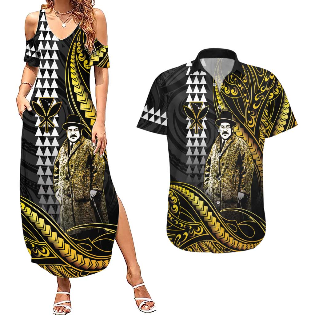Hawaii Kuhio The Citizen Prince Couples Matching Summer Maxi Dress and Hawaiian Shirt Gold Polynesian Tribal Tattoo LT05 Gold - Polynesian Pride