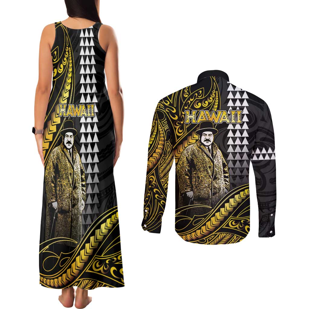 Hawaii Kuhio The Citizen Prince Couples Matching Tank Maxi Dress and Long Sleeve Button Shirt Gold Polynesian Tribal Tattoo LT05 - Polynesian Pride
