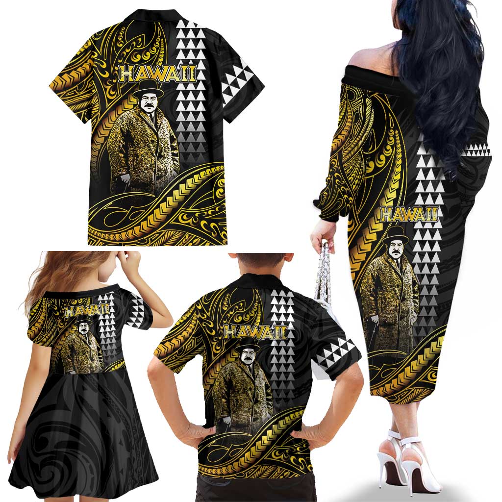 Hawaii Kuhio The Citizen Prince Family Matching Off The Shoulder Long Sleeve Dress and Hawaiian Shirt Gold Polynesian Tribal Tattoo LT05 - Polynesian Pride