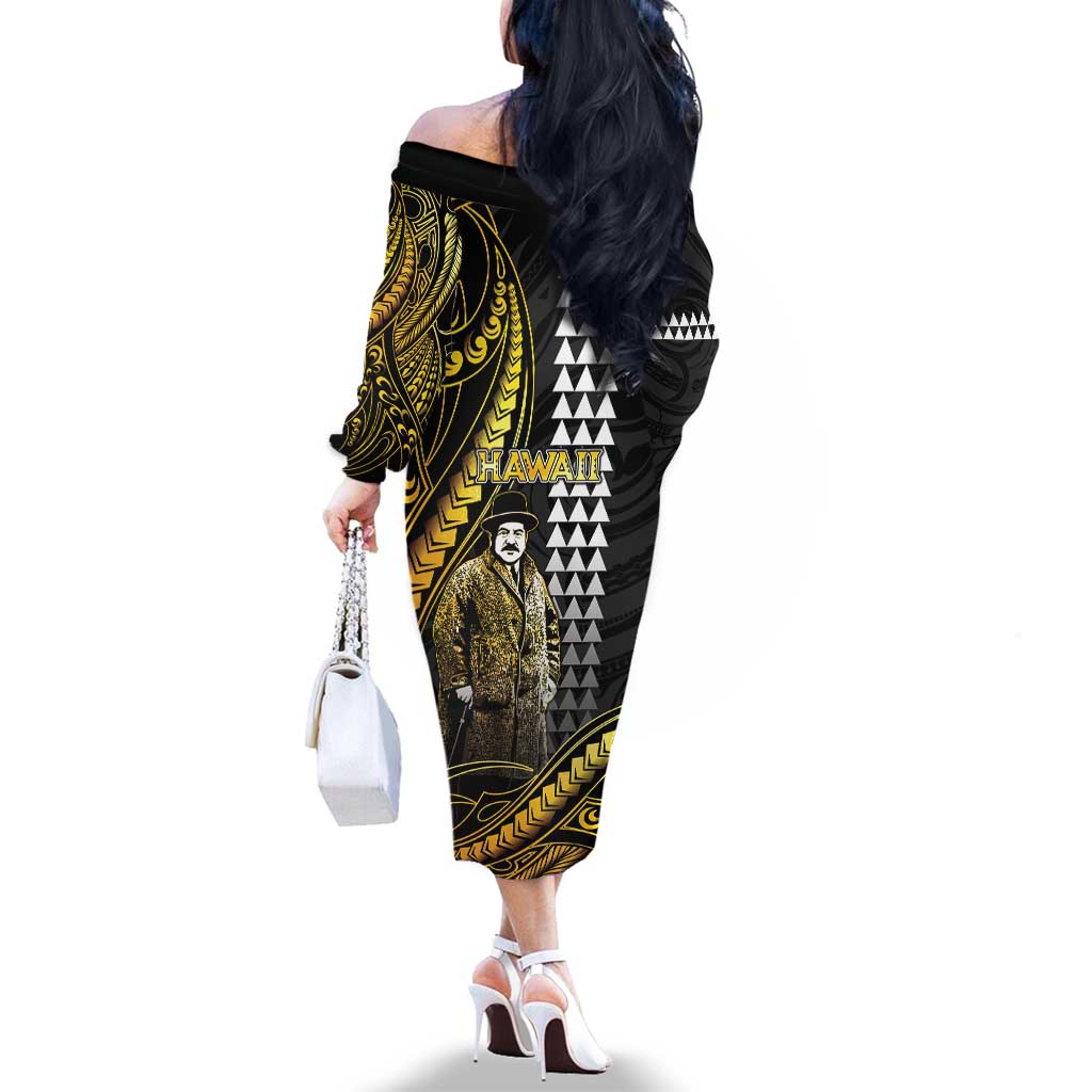 Hawaii Kuhio The Citizen Prince Family Matching Off The Shoulder Long Sleeve Dress and Hawaiian Shirt Gold Polynesian Tribal Tattoo LT05 - Polynesian Pride
