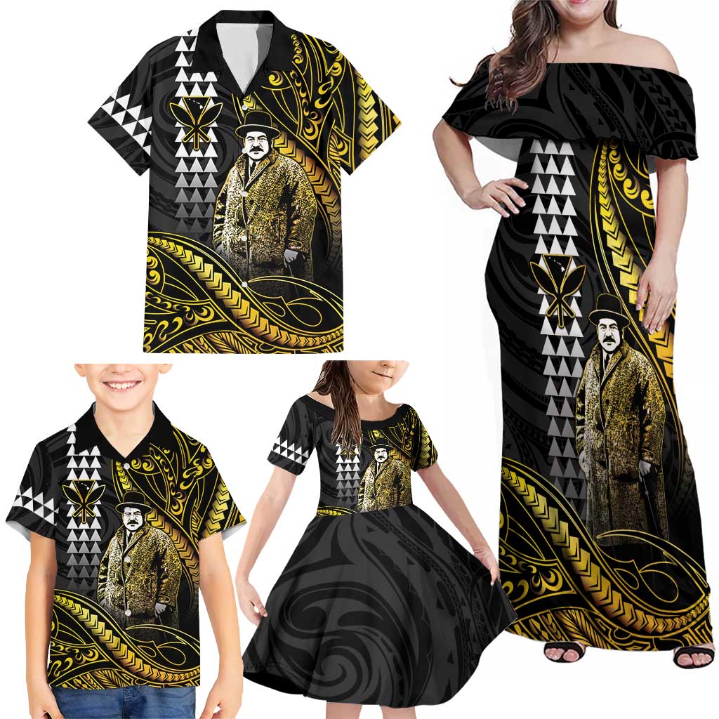 Hawaii Kuhio The Citizen Prince Family Matching Off Shoulder Maxi Dress and Hawaiian Shirt Gold Polynesian Tribal Tattoo LT05 - Polynesian Pride