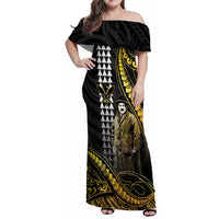 Hawaii Kuhio The Citizen Prince Family Matching Off Shoulder Maxi Dress and Hawaiian Shirt Gold Polynesian Tribal Tattoo LT05 Mom's Dress Gold - Polynesian Pride