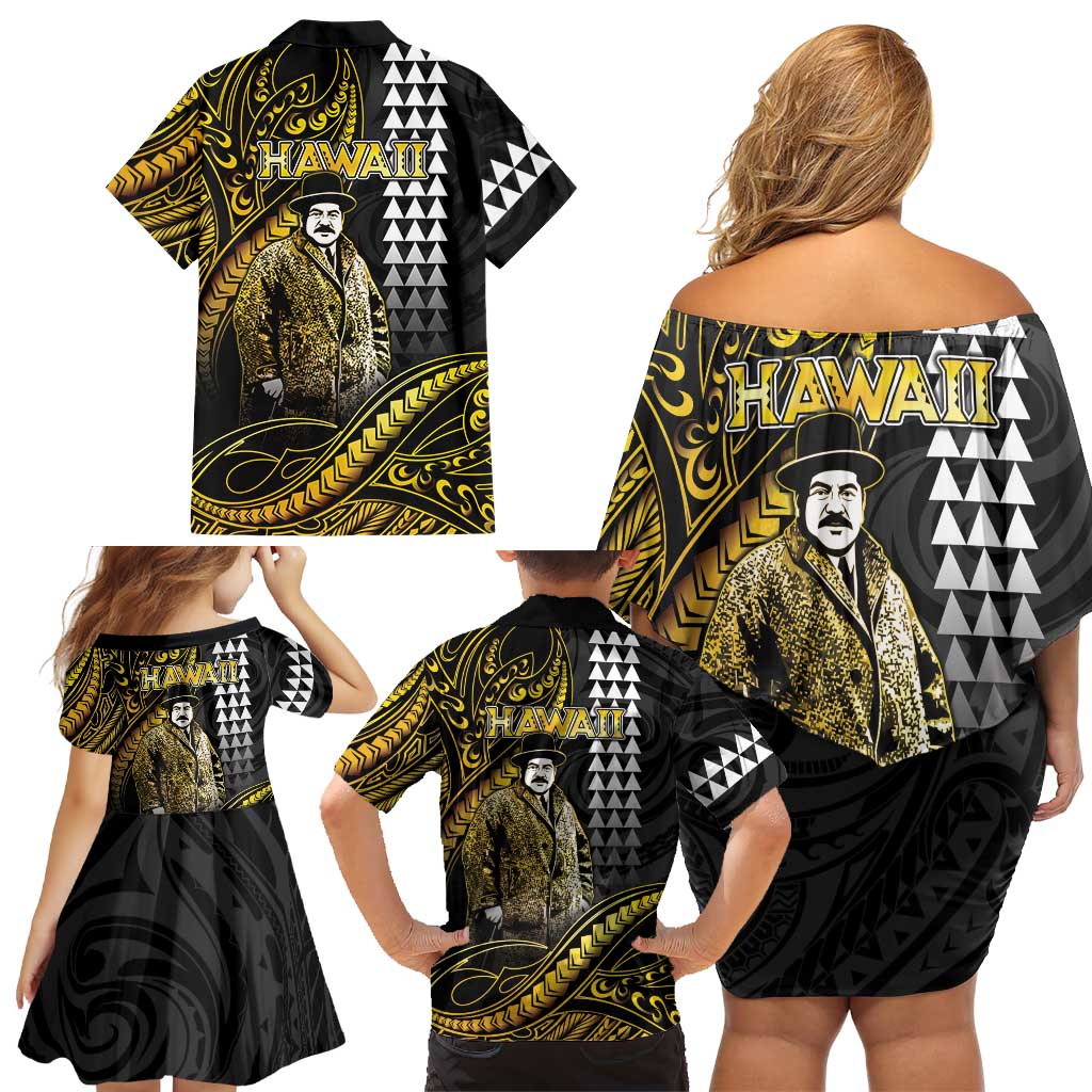 Hawaii Kuhio The Citizen Prince Family Matching Off Shoulder Short Dress and Hawaiian Shirt Gold Polynesian Tribal Tattoo LT05 - Polynesian Pride