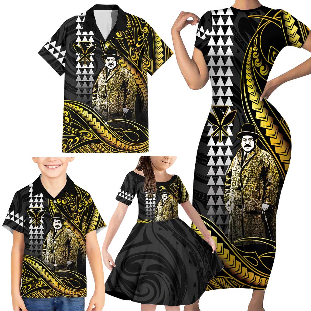 Hawaii Kuhio The Citizen Prince Family Matching Short Sleeve Bodycon Dress and Hawaiian Shirt Gold Polynesian Tribal Tattoo