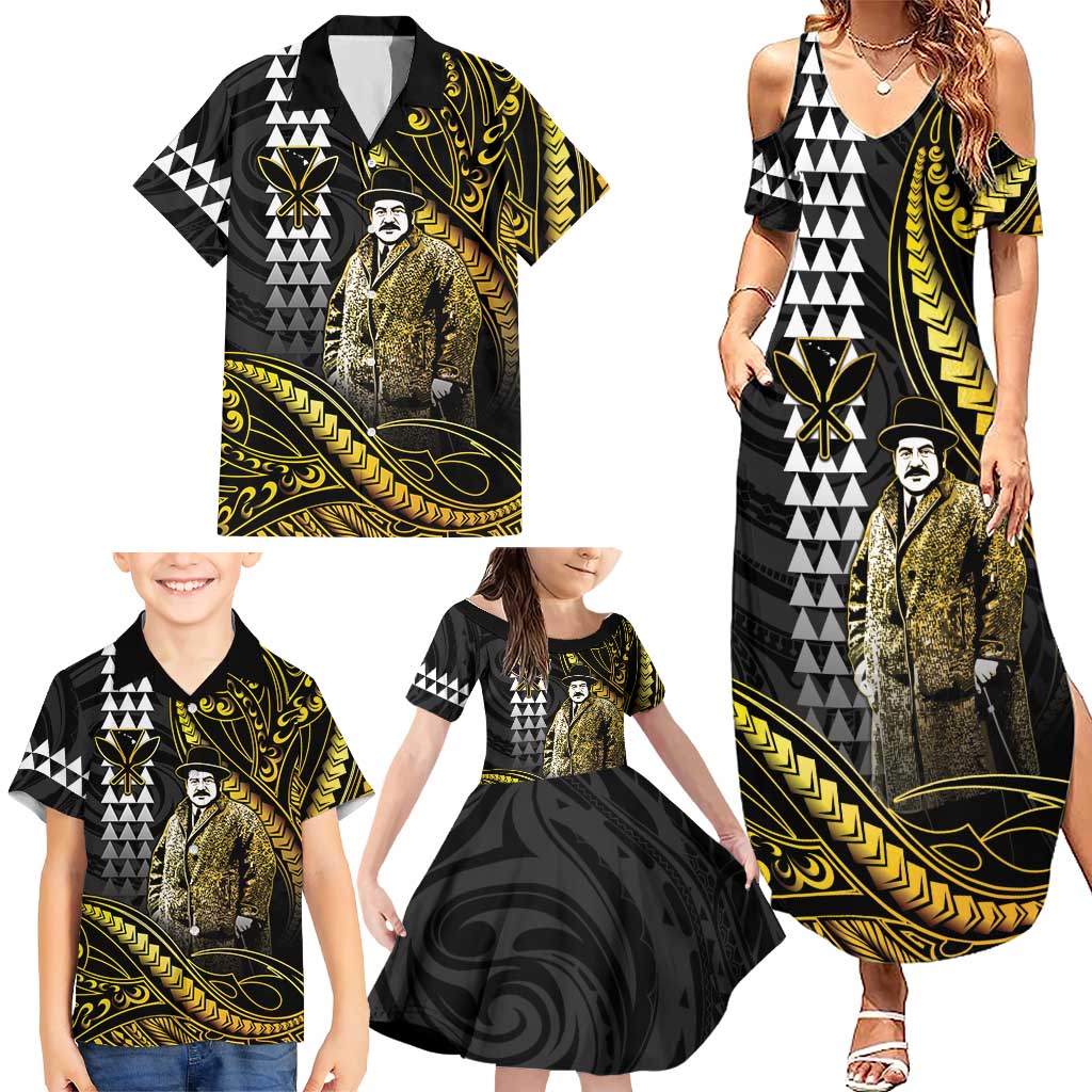 Hawaii Kuhio The Citizen Prince Family Matching Summer Maxi Dress and Hawaiian Shirt Gold Polynesian Tribal Tattoo