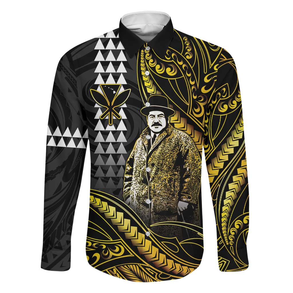 Hawaii Kuhio The Citizen Prince Family Matching Summer Maxi Dress and Hawaiian Shirt Gold Polynesian Tribal Tattoo LT05 Dad's Shirt - Long Sleeve Gold - Polynesian Pride
