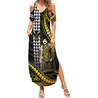 Hawaii Kuhio The Citizen Prince Family Matching Summer Maxi Dress and Hawaiian Shirt Gold Polynesian Tribal Tattoo LT05 Mom's Dress Gold - Polynesian Pride