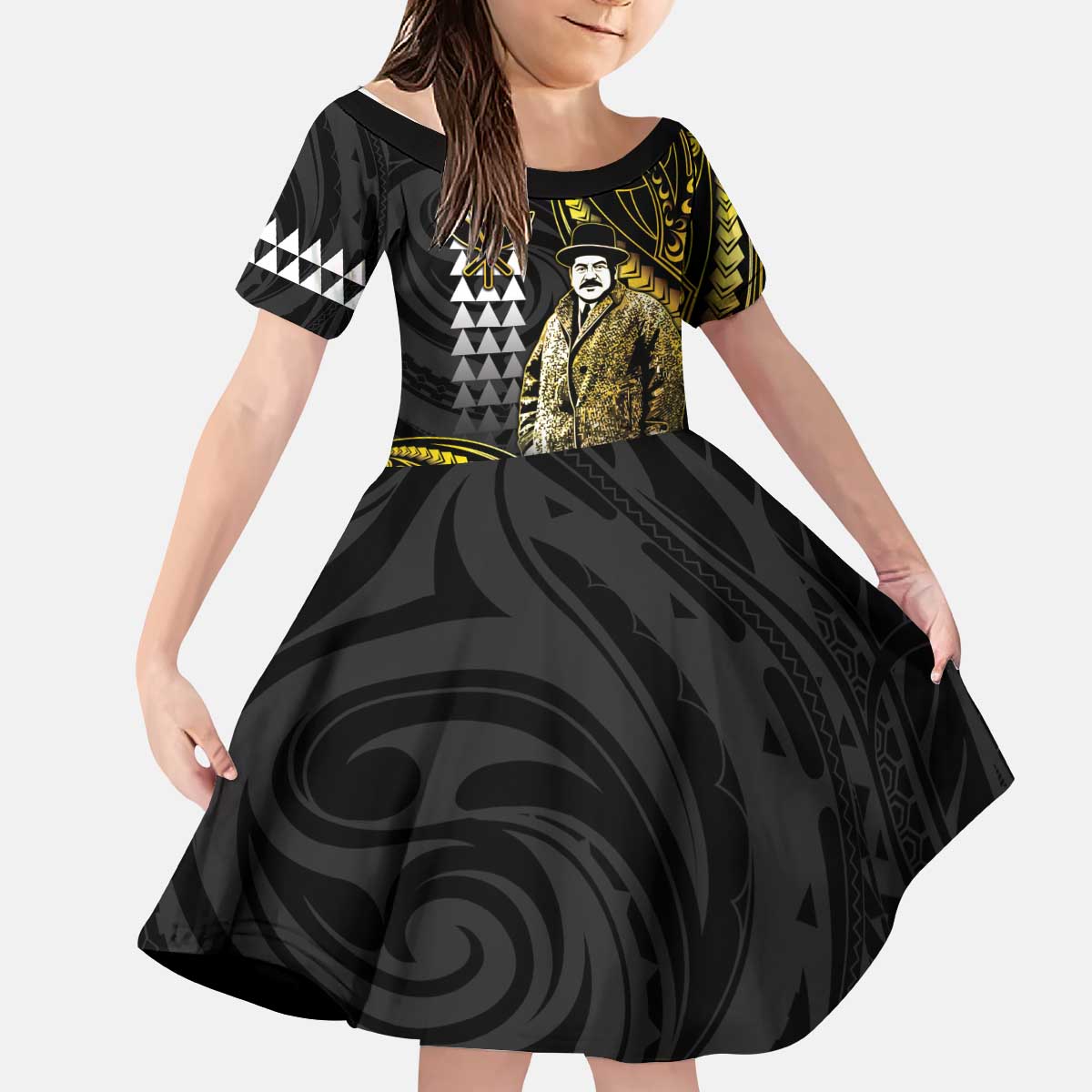 Hawaii Kuhio The Citizen Prince Kid Short Sleeve Dress Gold Polynesian Tribal Tattoo