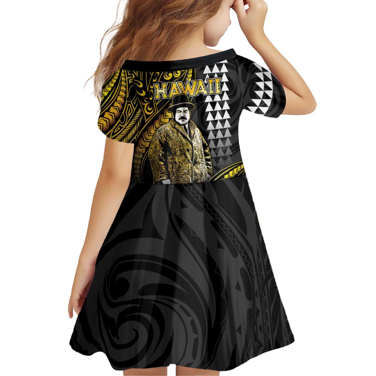 Hawaii Kuhio The Citizen Prince Kid Short Sleeve Dress Gold Polynesian Tribal Tattoo