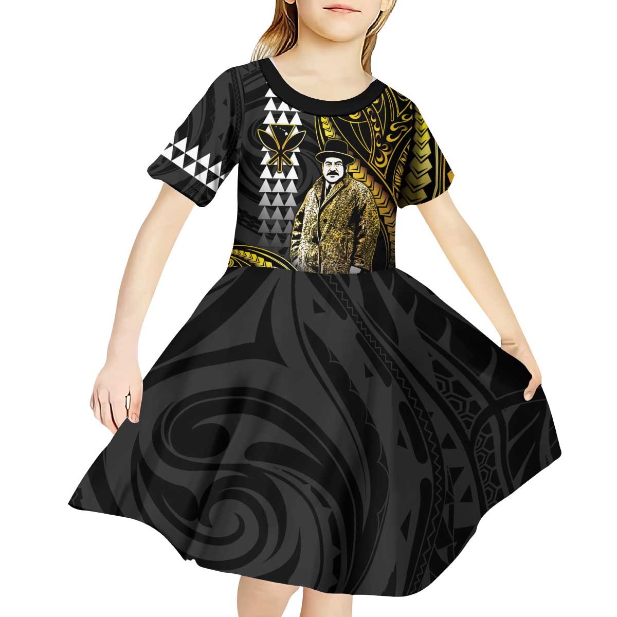Hawaii Kuhio The Citizen Prince Kid Short Sleeve Dress Gold Polynesian Tribal Tattoo