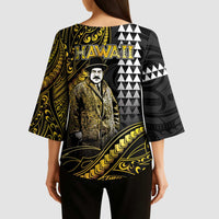 Hawaii Kuhio The Citizen Prince Kimono Sleeve Blouse Gold Polynesian Tribal Tattoo