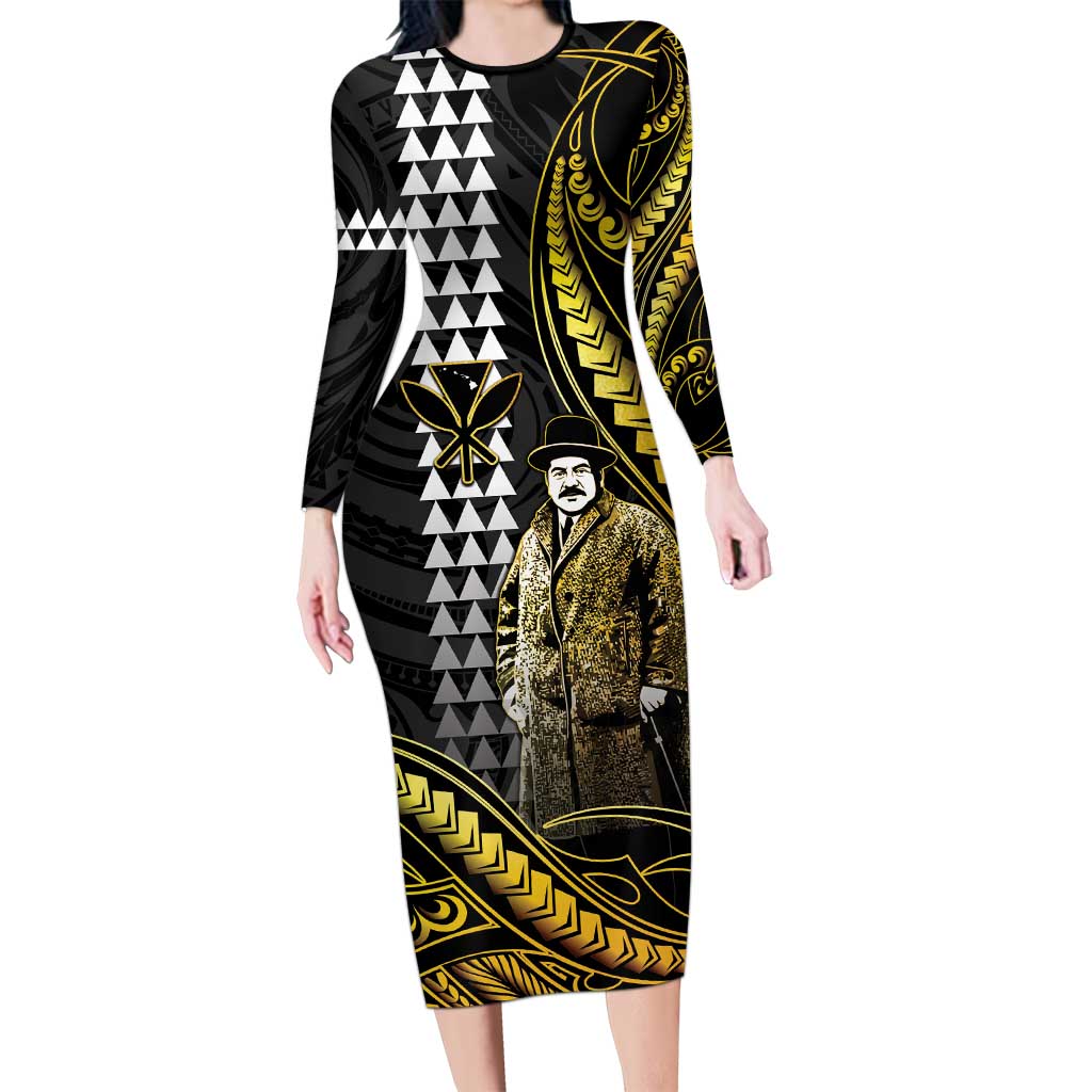 Hawaii Kuhio The Citizen Prince Long Sleeve Bodycon Dress Gold Polynesian Tribal Tattoo LT05 Long Dress Gold - Polynesian Pride