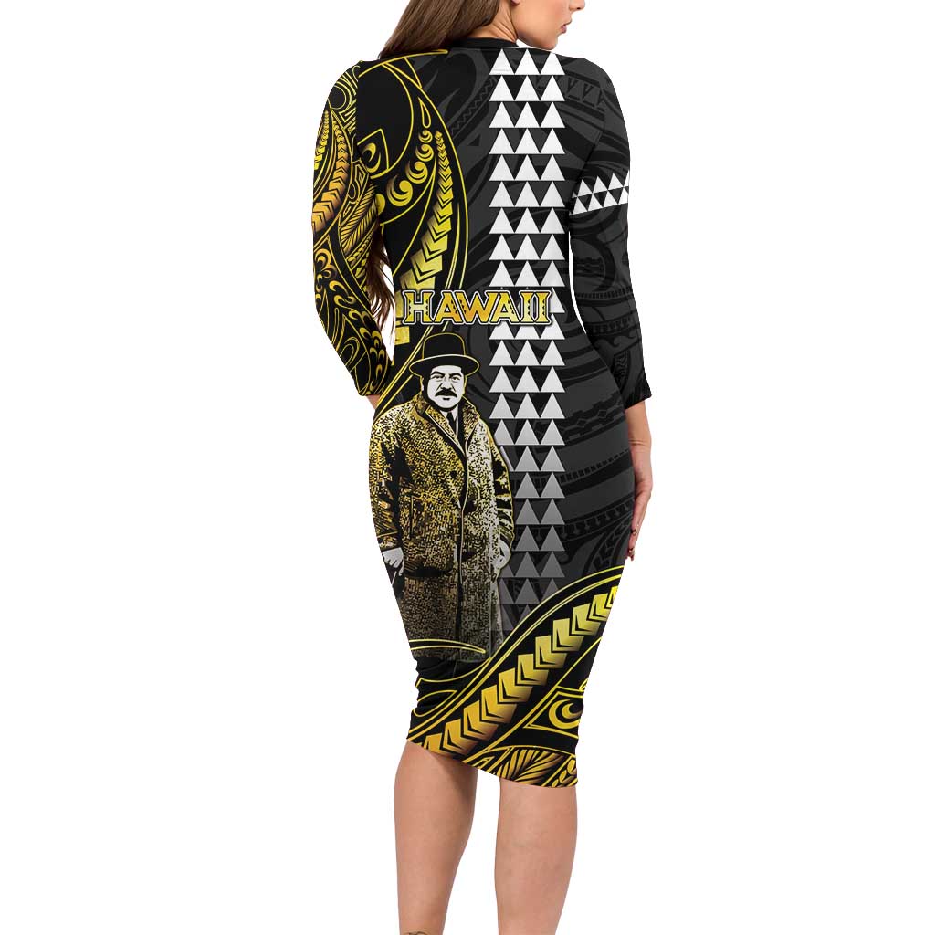 Hawaii Kuhio The Citizen Prince Long Sleeve Bodycon Dress Gold Polynesian Tribal Tattoo LT05 - Polynesian Pride