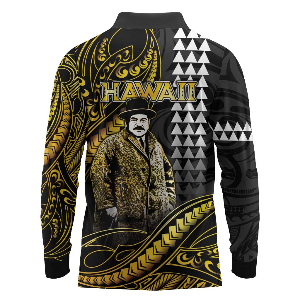 Hawaii Kuhio The Citizen Prince Long Sleeve Polo Shirt Gold Polynesian Tribal Tattoo