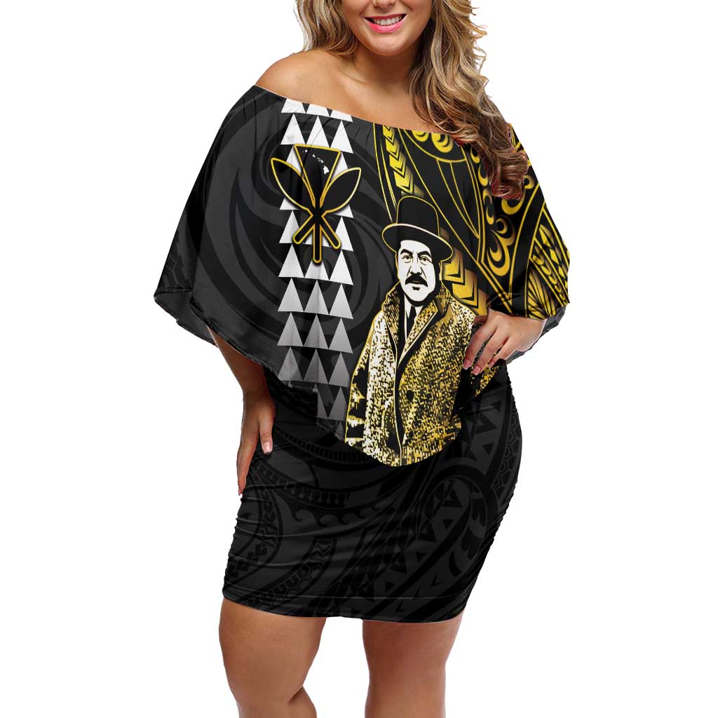 Hawaii Kuhio The Citizen Prince Off Shoulder Short Dress Gold Polynesian Tribal Tattoo