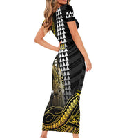 Hawaii Kuhio The Citizen Prince Short Sleeve Bodycon Dress Gold Polynesian Tribal Tattoo
