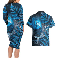 New Zealand Matariki Couples Matching Long Sleeve Bodycon Dress and Hawaiian Shirt Maori Koru With Humpback Whale Blue LT05 - Polynesian Pride