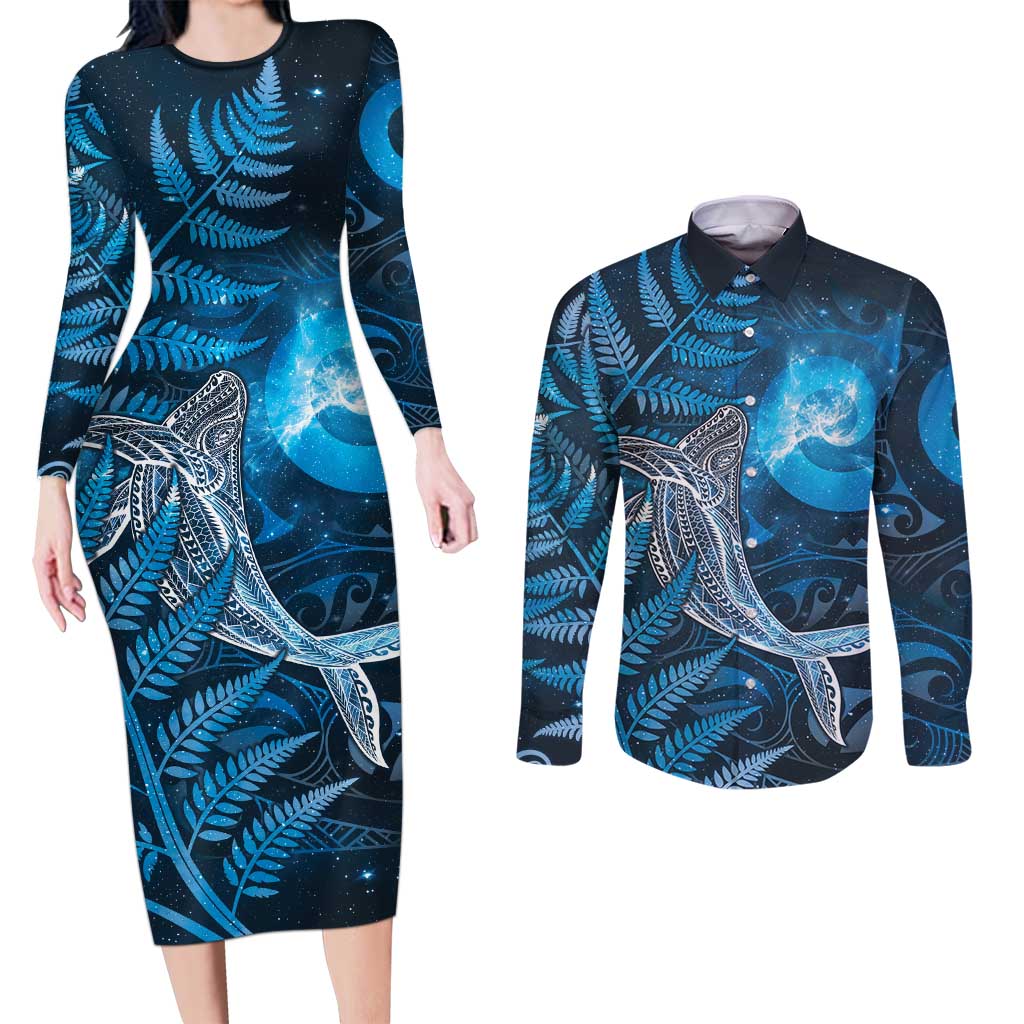 New Zealand Matariki Couples Matching Long Sleeve Bodycon Dress and Long Sleeve Button Shirt Maori Koru With Humpback Whale Blue