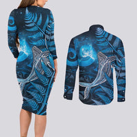 New Zealand Matariki Couples Matching Long Sleeve Bodycon Dress and Long Sleeve Button Shirt Maori Koru With Humpback Whale Blue LT05 - Polynesian Pride