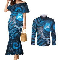 New Zealand Matariki Couples Matching Mermaid Dress and Long Sleeve Button Shirt Maori Koru With Humpback Whale Blue