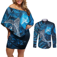 New Zealand Matariki Couples Matching Off Shoulder Short Dress and Long Sleeve Button Shirt Maori Koru With Humpback Whale Blue