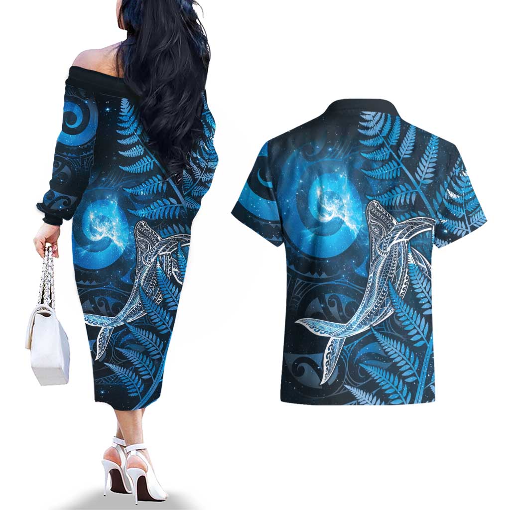 New Zealand Matariki Couples Matching Off The Shoulder Long Sleeve Dress and Hawaiian Shirt Maori Koru With Humpback Whale Blue LT05 - Polynesian Pride