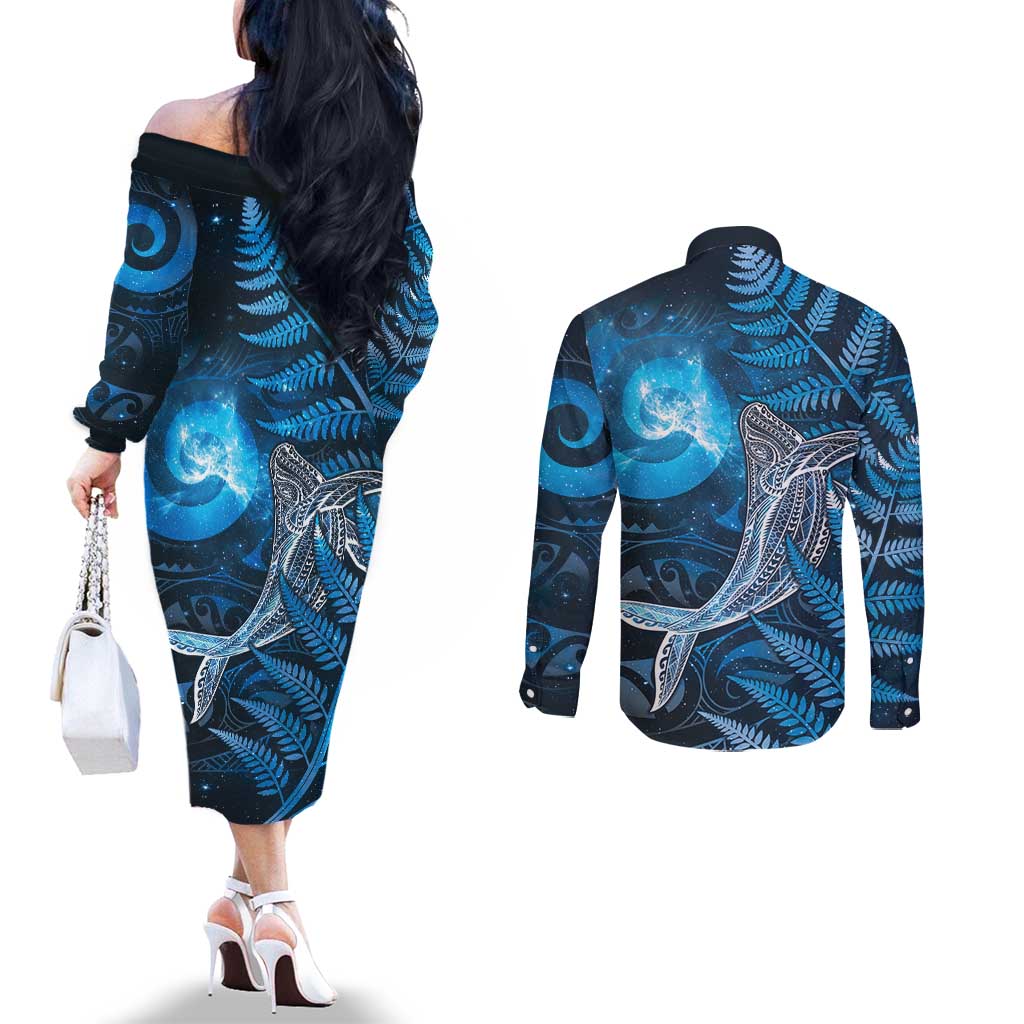 New Zealand Matariki Couples Matching Off The Shoulder Long Sleeve Dress and Long Sleeve Button Shirt Maori Koru With Humpback Whale Blue LT05 - Polynesian Pride