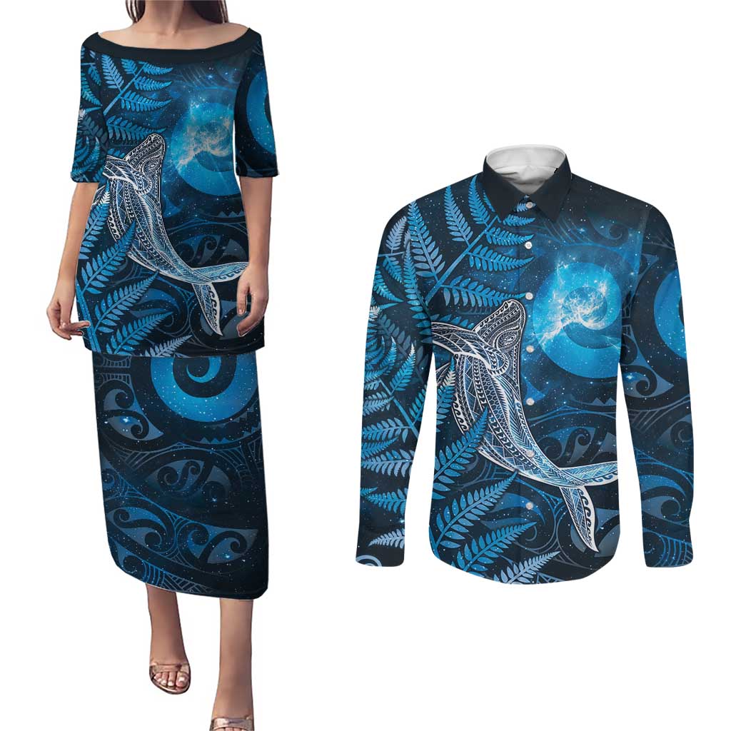 New Zealand Matariki Couples Matching Puletasi and Long Sleeve Button Shirt Maori Koru With Humpback Whale Blue