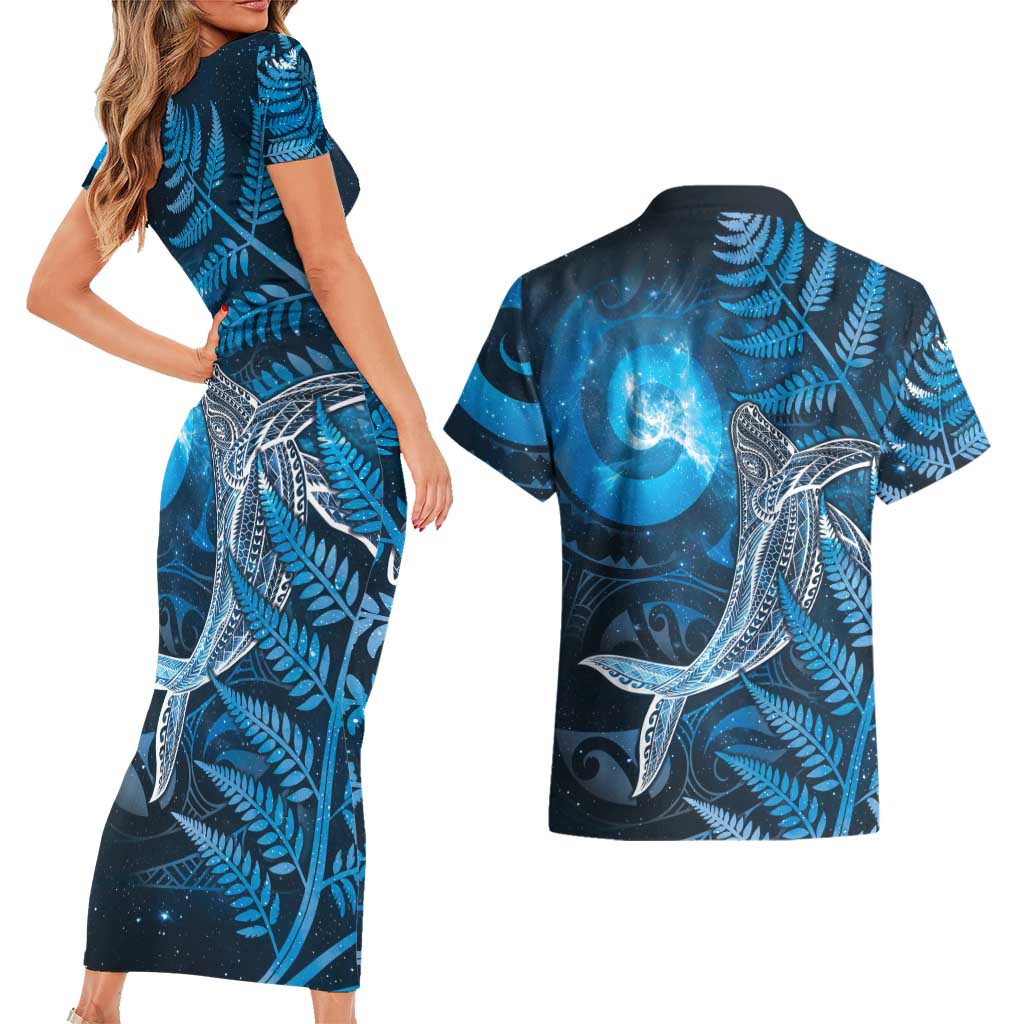 New Zealand Matariki Couples Matching Short Sleeve Bodycon Dress and Hawaiian Shirt Maori Koru With Humpback Whale Blue LT05 - Polynesian Pride